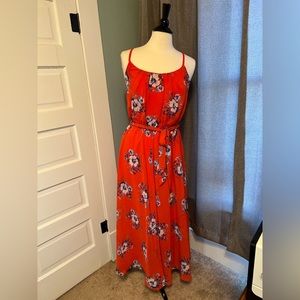 Signature by Robbie Red maxi dress with blue flowers, Sz 8P